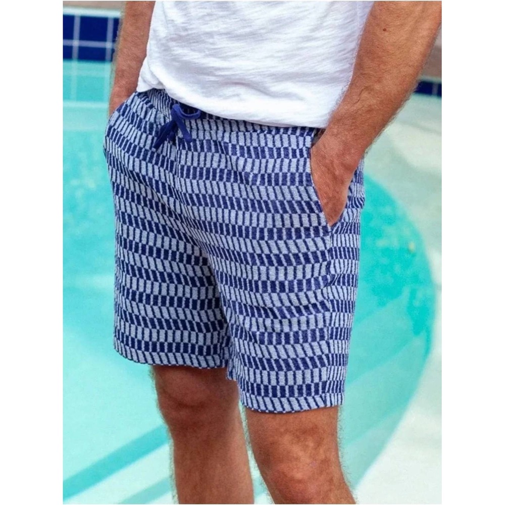Criquet Cruiser Terry Cloth Shorts Men Large Blue White Jacquard Drawstring NWOT